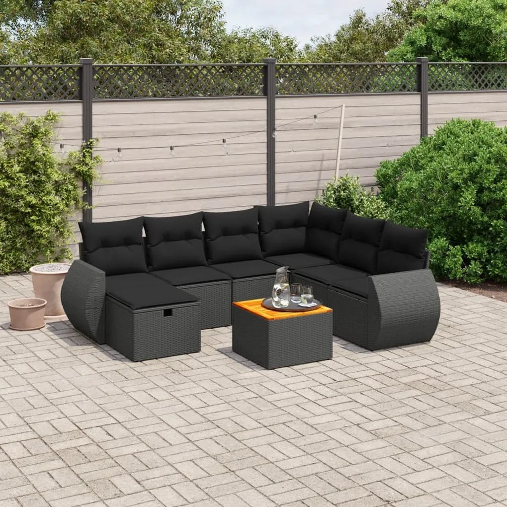 vidaXL 8 pcs conjunto sofás de jardim com almofadões vime PE preto
