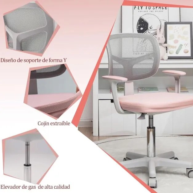 Cadeira de escritório infantil com encosto em malha, almofada removível e rodas 360° com travão para 3-10 anos, altura ajustável, cor rosa