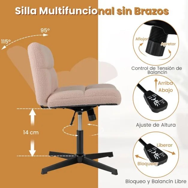 Cadeira giratória para escritório Sem Rodas com superfície de pelúcia felpuda, altura ajustável, base de metal e elevador a gás premium rosa