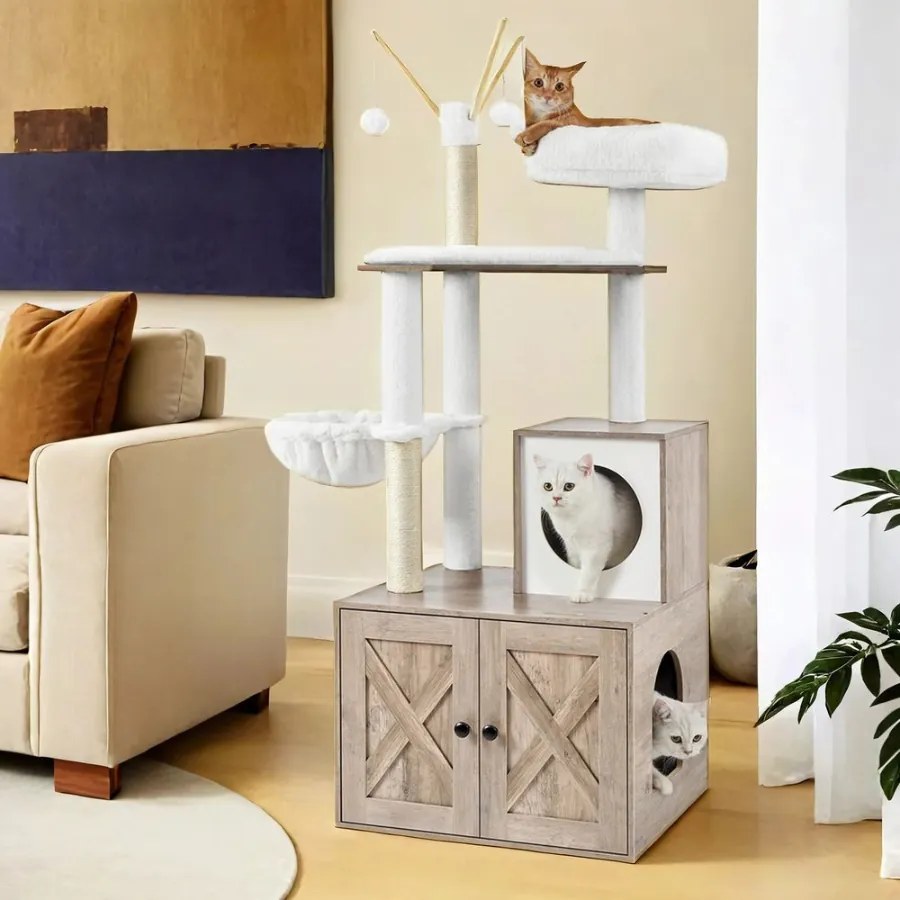 Arranhador para gatos com armário para caixa de areia removível 87,6 x 61,2 x 140 cm Cinzento + Bege