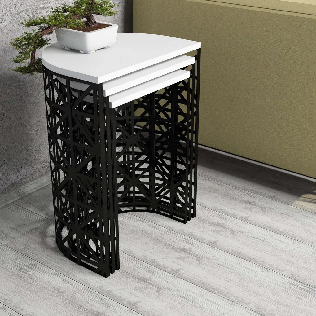Conjunto de Mesas de Apoio Stil Metal Ferforje – Branco/Preto – 46x62x