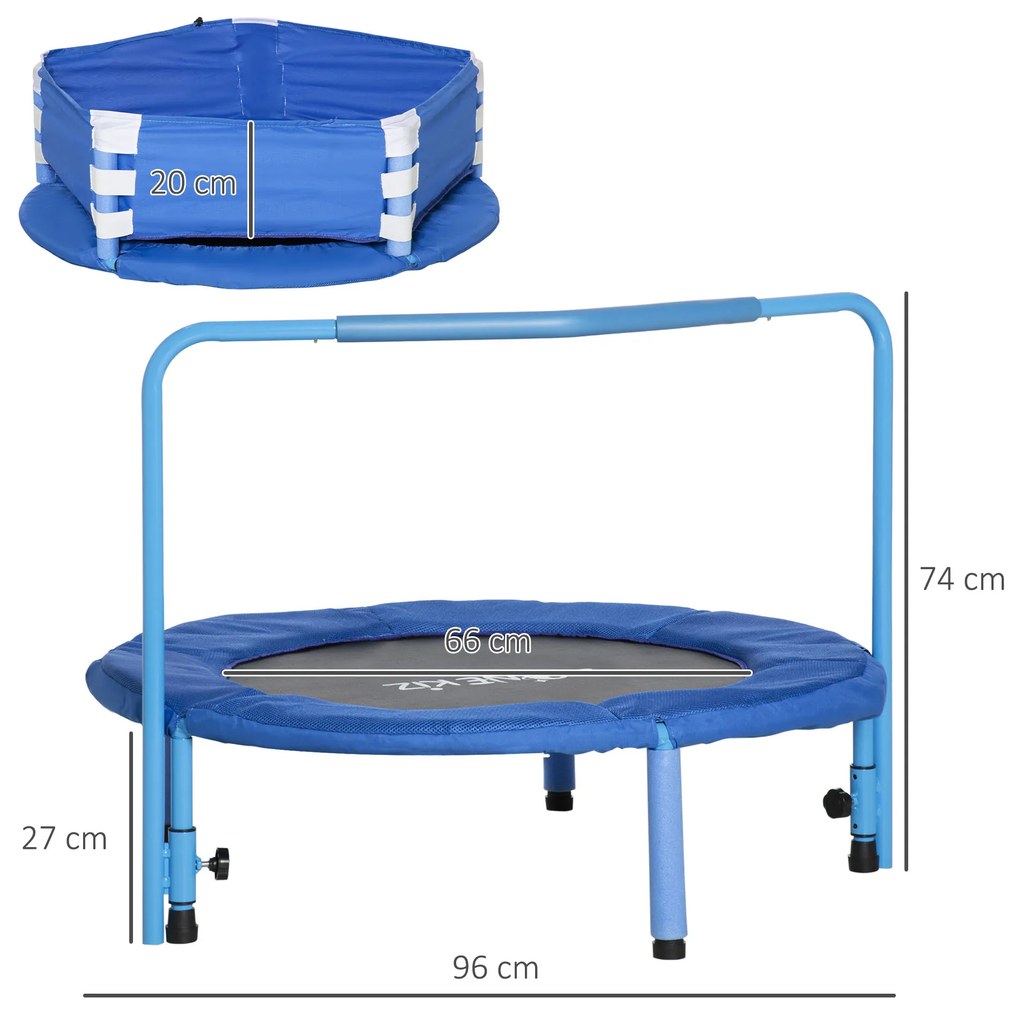 Trampolim Infantil 3 em 1 Trampolim para Crianças de 1-6 Anos com Corrimão Amovível Mini Trampolim para Interior Ø96x74cm Azul