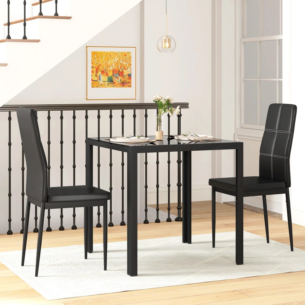 Conjunto de mesa de jantar e cadeiras para 2 pessoas, tampo retangular em vidro, para cozinha, sala de estar e casa, preto