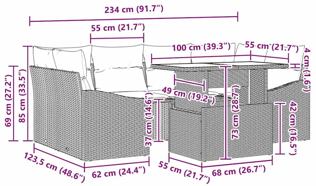 Conjunto de sofá de jardim de 7 peças com almofadas bege em rattan sin