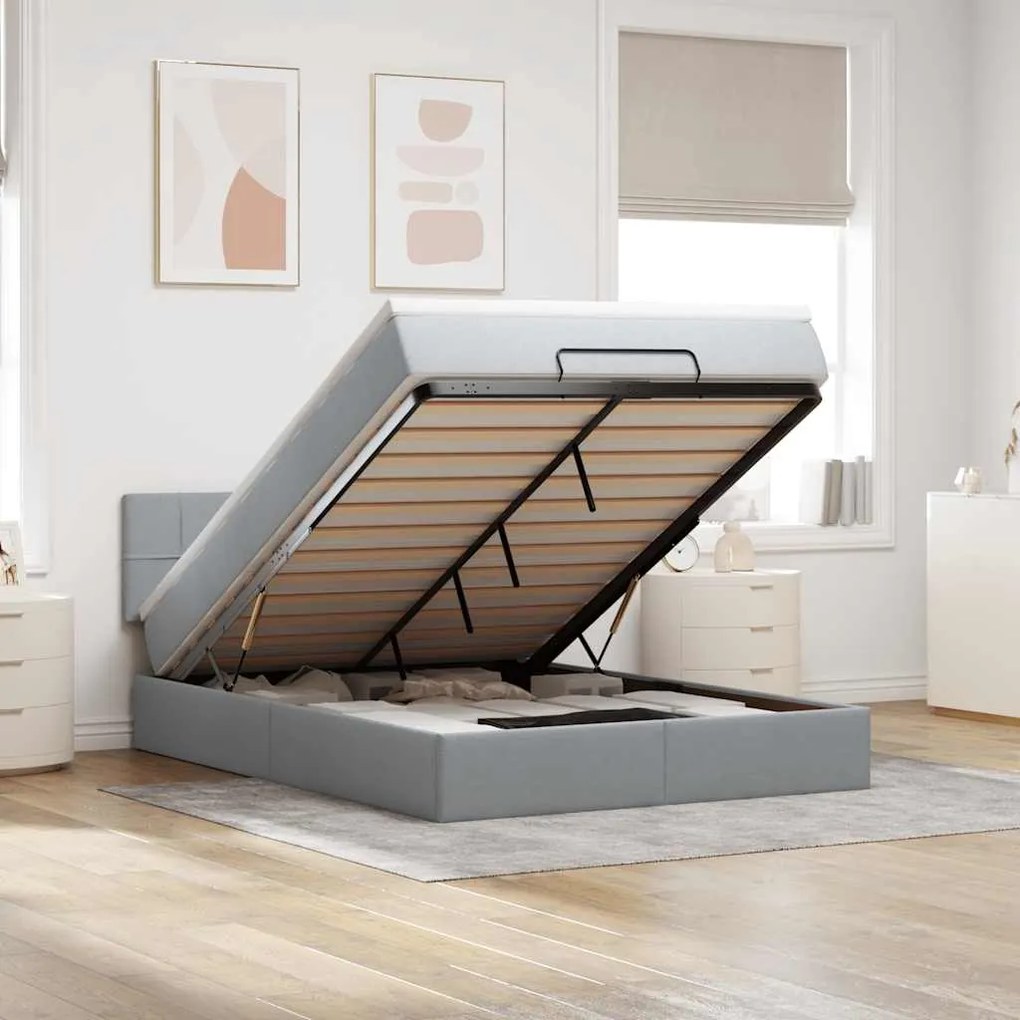 Cama otomana com colchão 140x190 cm tecido cinzento claro