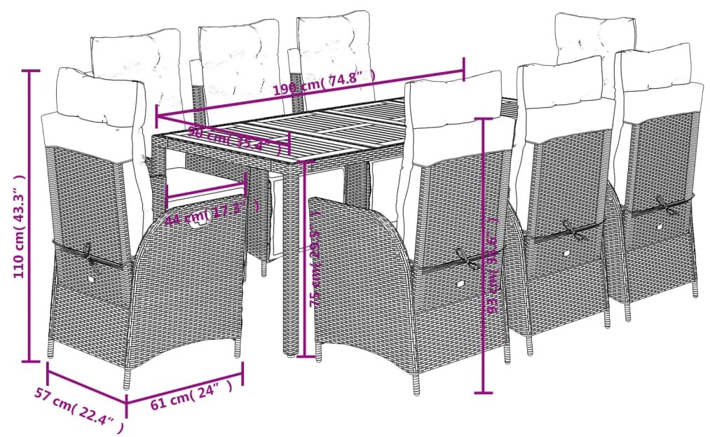 9 pcs conjunto de jantar p/ jardim c/ almofadões vime PE preto