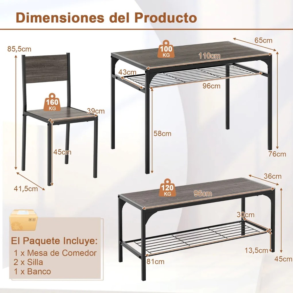 Conjunto de mesa, 2 cadeiras e um banco de jantar, com estrutura em metal e prateleira moderna para sala de jantar e cozinha cinza