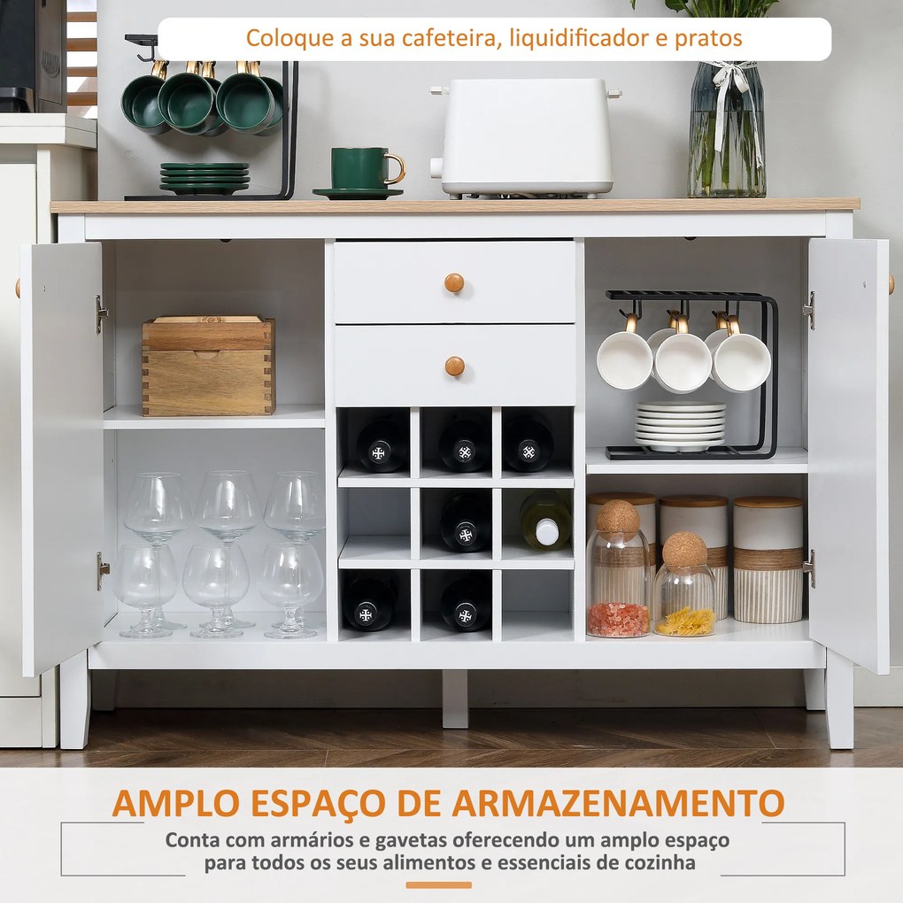 HOMCOM Aparador de Cozinha Moderno com 2 Gavetas 2 Armários com Prateleiras Ajustáveis e Suporte para 9 Garrafas Móvel Auxiliar de Armazenamento para Sala de Jantar Sala de Estar 110x35x75cm Branco