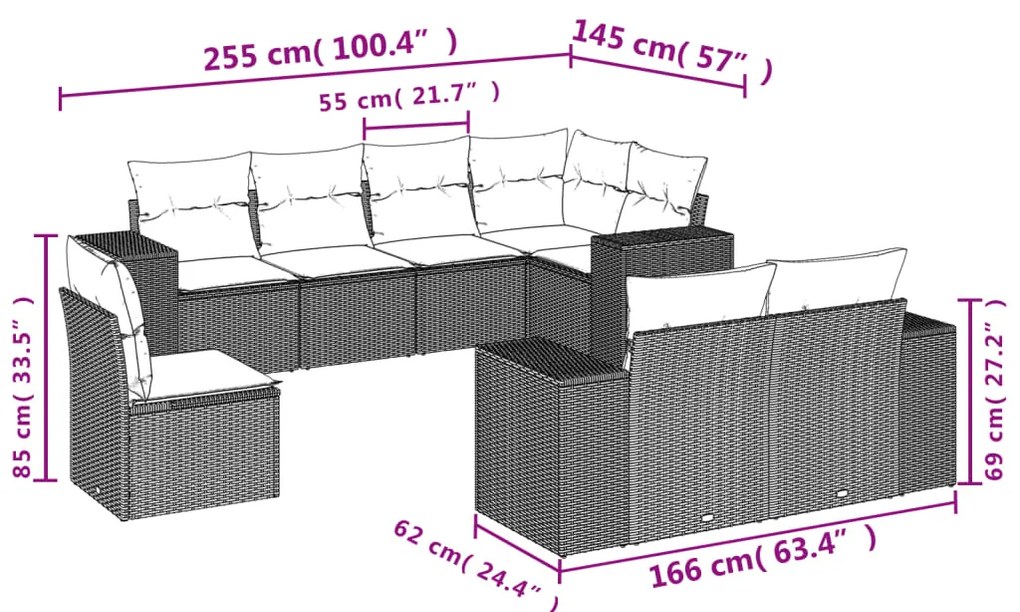 8 pcs conjunto sofás de jardim c/ almofadões vime PE cinzento