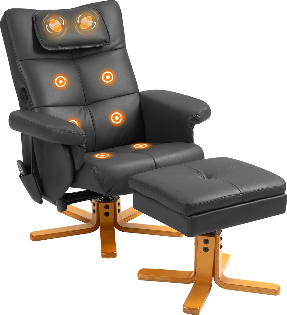 Cadeira de massagem com apoio para os pés, encosto reclinável até 135°, compartimento de arrumação, comando à distância preto