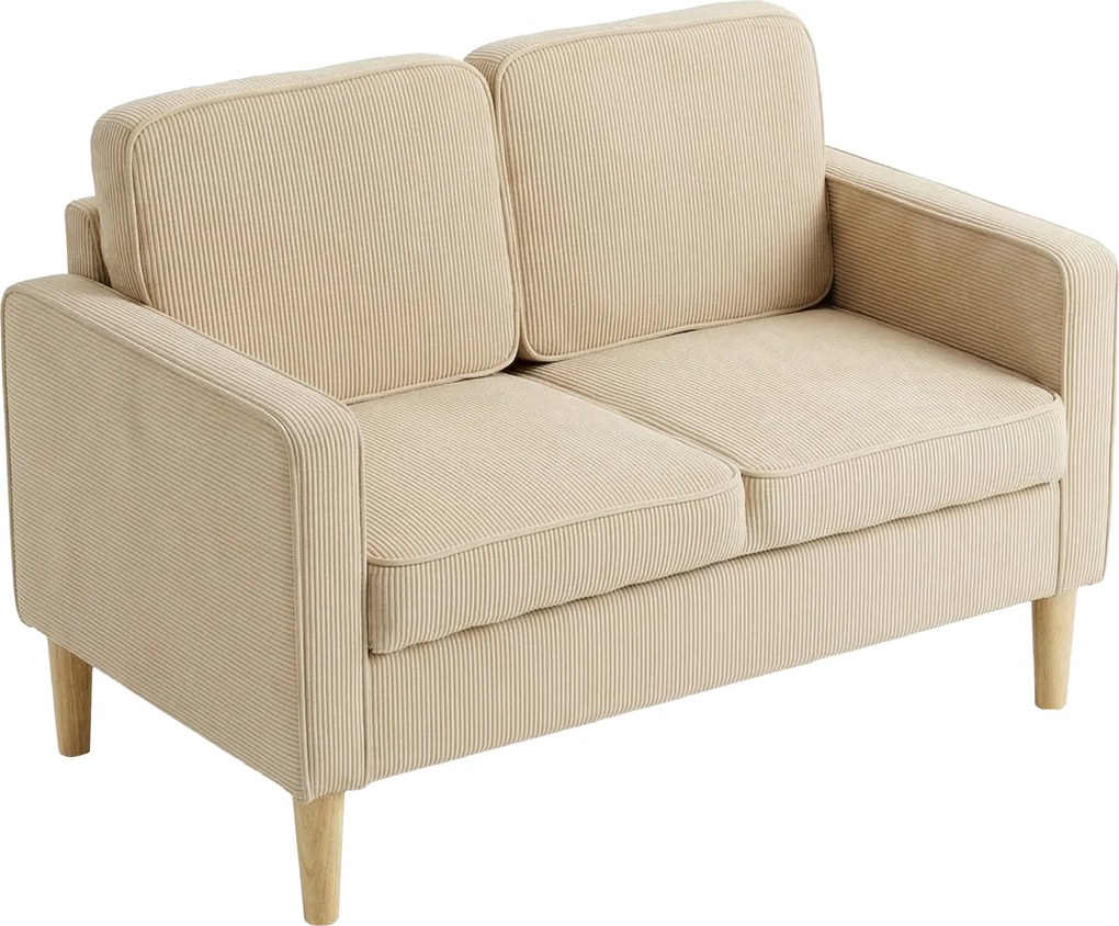 HOMCOM Sofá 2 lugares com 2 almofadas, arrumação, pés de madeira maciça, pequeno loveseat moderno em cotelê 117 x 63 x 79 cm bege | Aosom Portugal