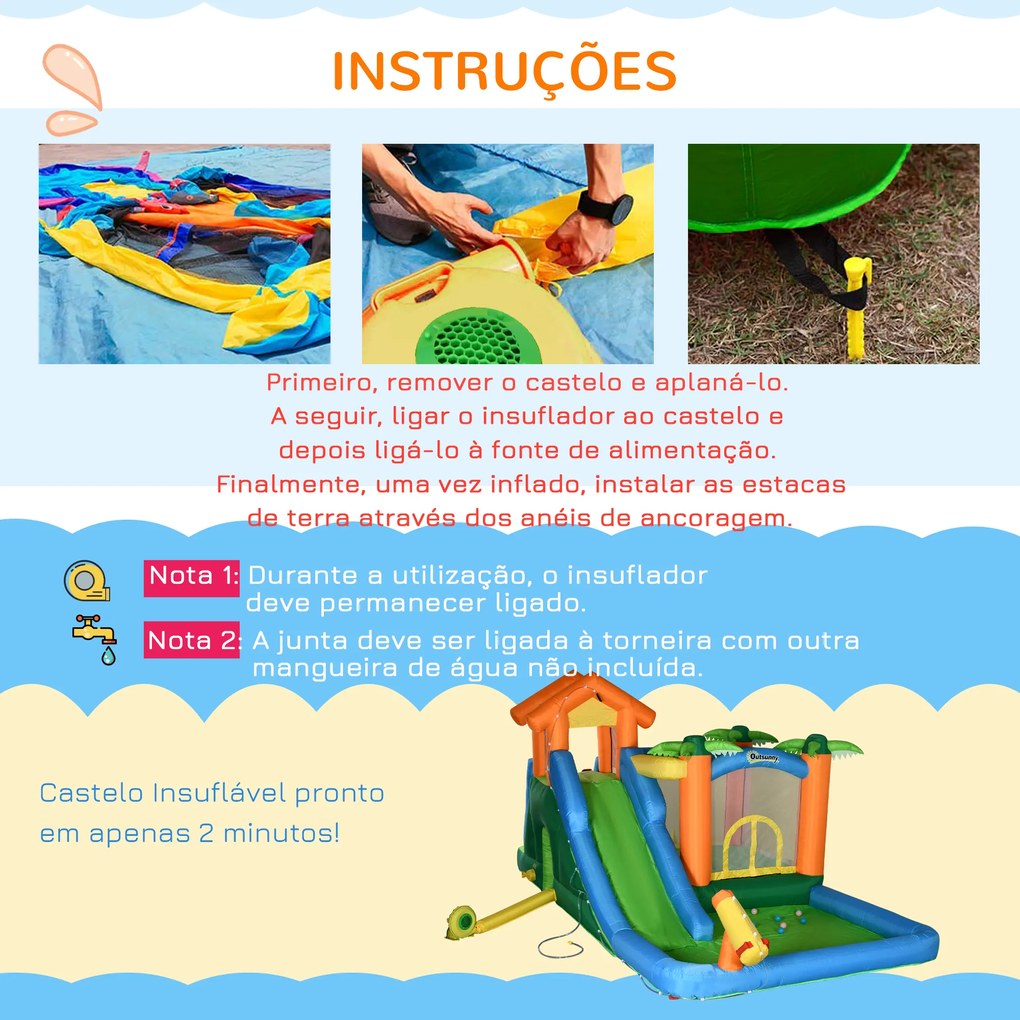 Outsunny Castelo Insuflável com Escorrega Trampolim Piscinas e Pistola de Água para Crianças acima de 3 Anos com Inflador e Bolsa de Transporte para Interior Exterior 550x285x260cm Multicor