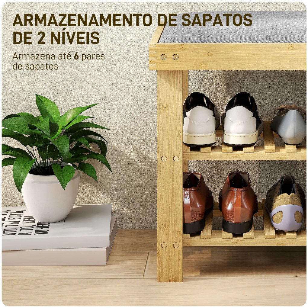 Banco Sapateira de Bambu Sapateira com Assento Almofadado 2 Prateleiras para 6 Pares de Sapatos 60x29x49 cm Madeira e Cinzento