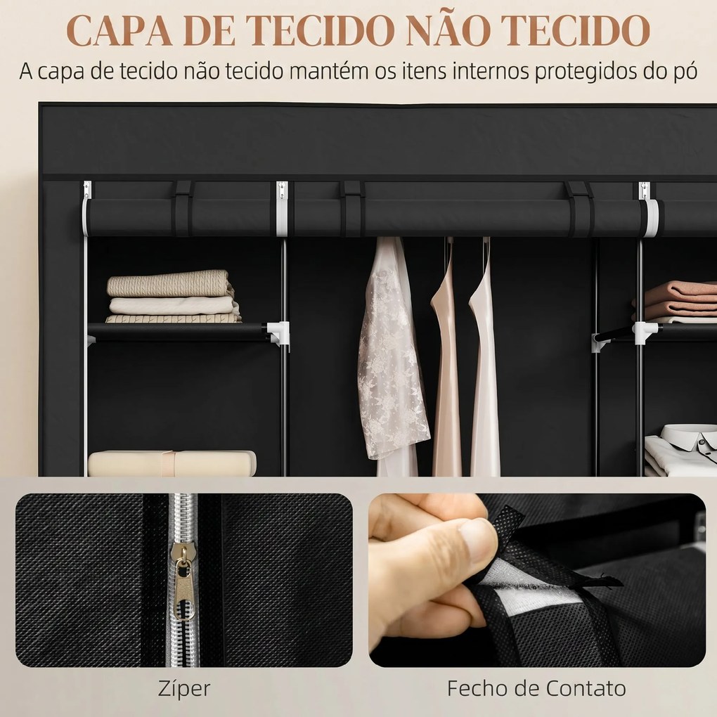 Roupeiro em Tecido com Barra, 10 Prateleiras, Cobertura com Fecho e Estrutura em Aço 150x43x162,5 cm Preto