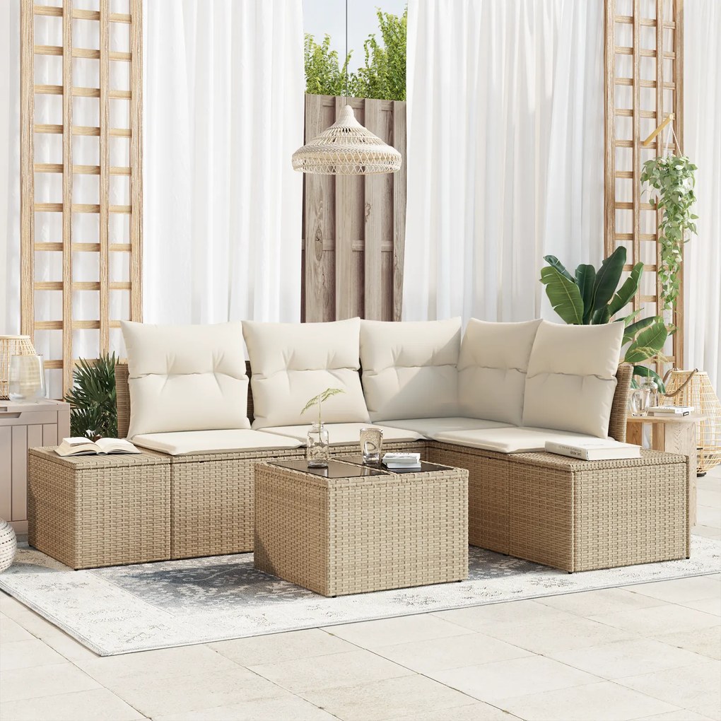 vidaXL Conjunto de Sofá de Jardim de 5 Peças com Almofadas Rattan Poliéster Marrom