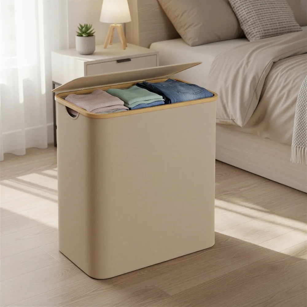 Cesto da roupa suja de 150 L com tampa e 3 compartimentos, 60 x 38,5 x 70,5 cm, castanho-camelo