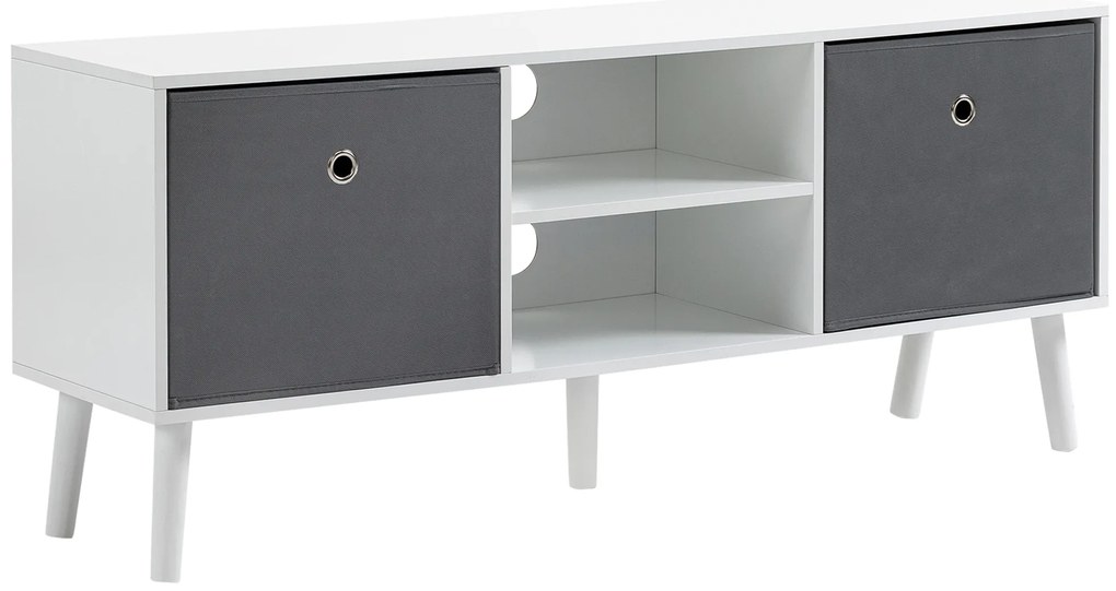 HOMCOM Móvel de TV para Televisores de até 50 Polegadas Móvel de Sala de Estar Moderno com 2 Gavetas de Tecido 2 Prateleiras Abertas e Orifício Passa Cabos 110x29x46,5cm Branco e Cinza