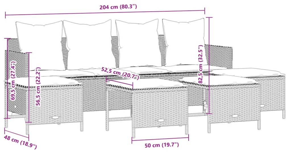 5 pcs conjunto sofás de jardim c/ almofadões vime PE cinzento