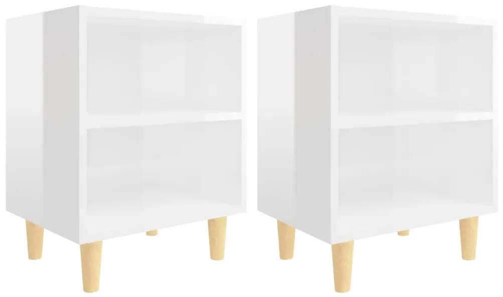 Mesas cabeceira pernas madeira 2pcs 40x30x50cm branco brilhante