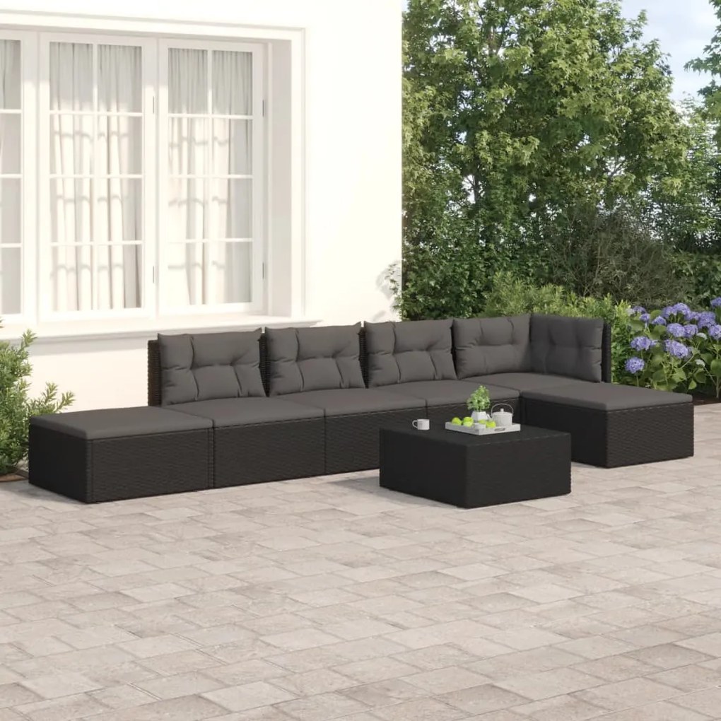 vidaXL 6 pcs conjunto lounge de jardim c/ almofadões vime PE preto