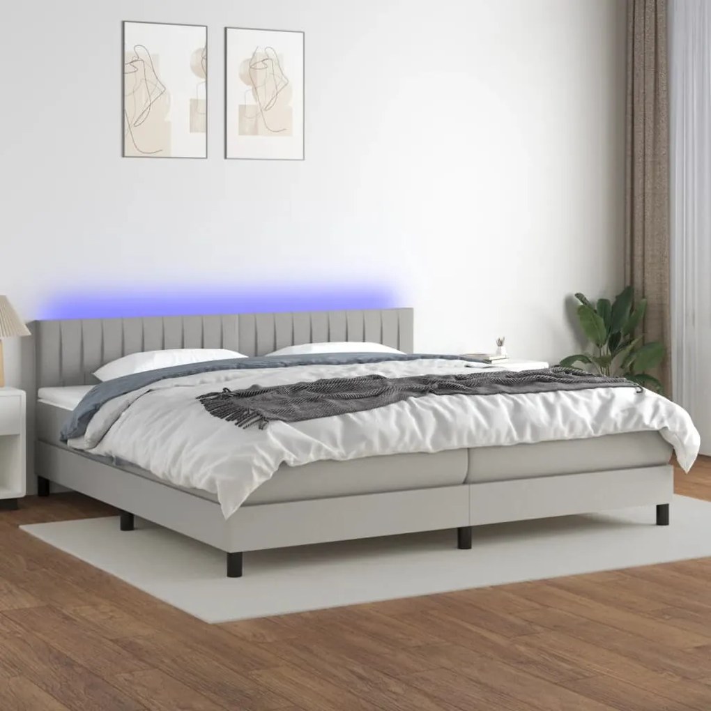 3133341 vidaXL Cama box spring c/ colchão e LED 200x200 cm tecido cinza-claro