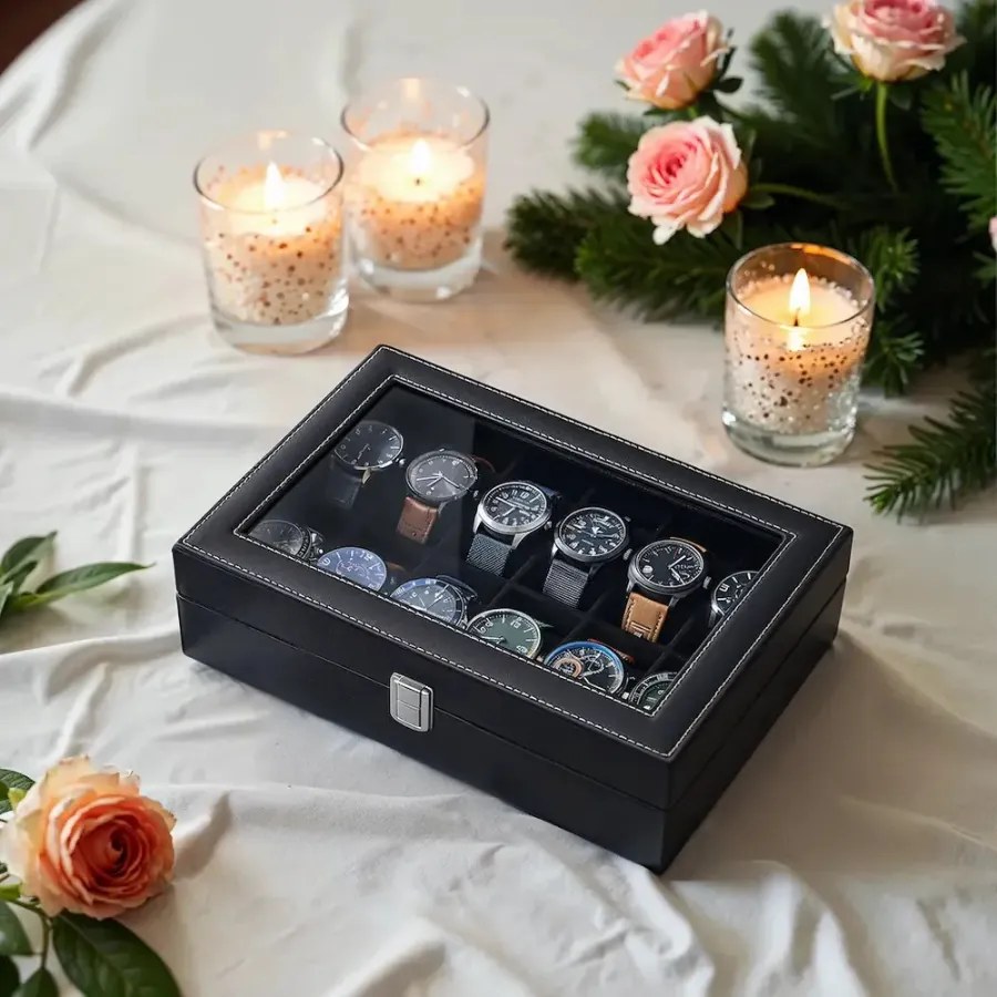 Caixa para relógios com 12 compartimentos 20,2 x 30,2 x 7,8 cm Preto