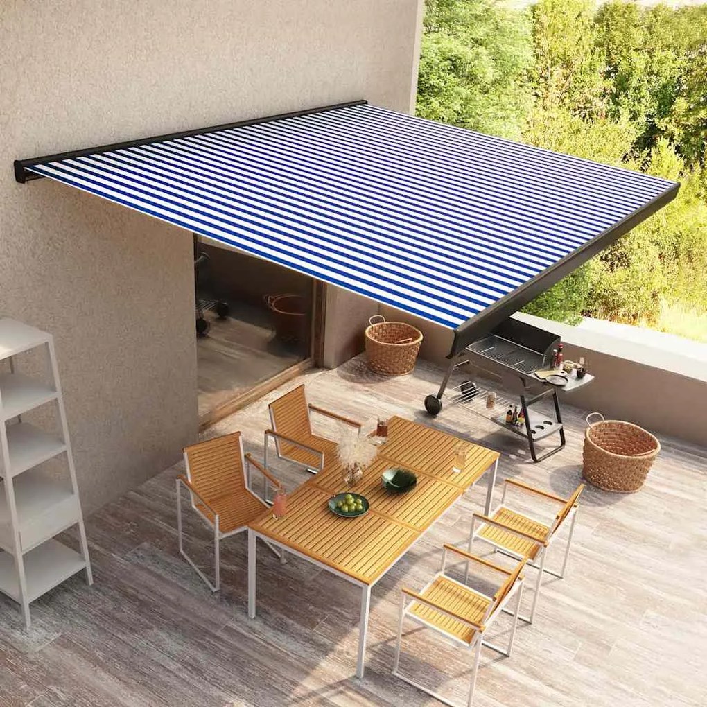 Toldo motorizado com caixa 500x300 cm azul e branco