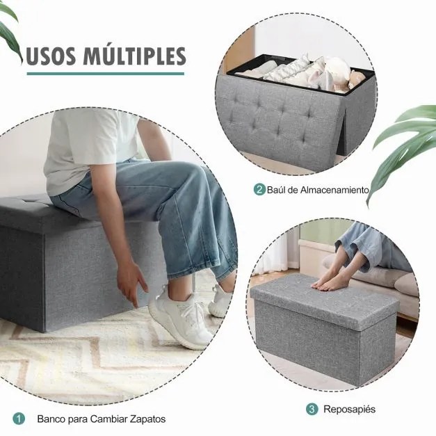 Banco dobrável com espaço para arrumação 80 cm x 40,5 cm x 40,5 cm com assento acolchoado cinza claro