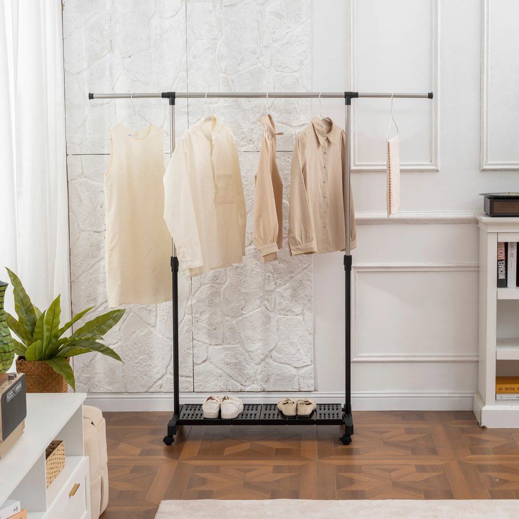 Guarda Roupa com Rodas com Barra de Aço Inoxidável e Prateleira para Sapatos Altura Ajustável 94-159x42x93-168 cm Preto
