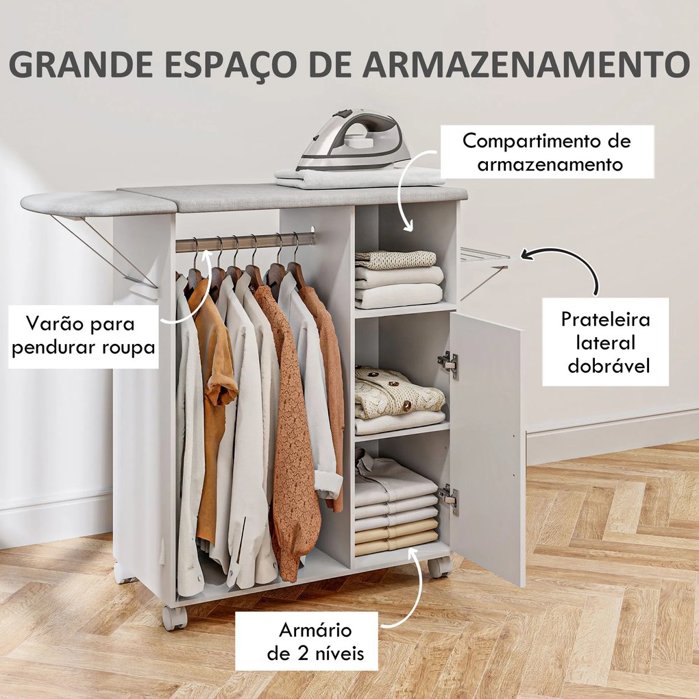 Móvel de Engomar de Madeira com Rodas Barra para Pendurar Roupa Prateleira Aberta e Tábua Dobrável 107x42,5x99 cm Branco