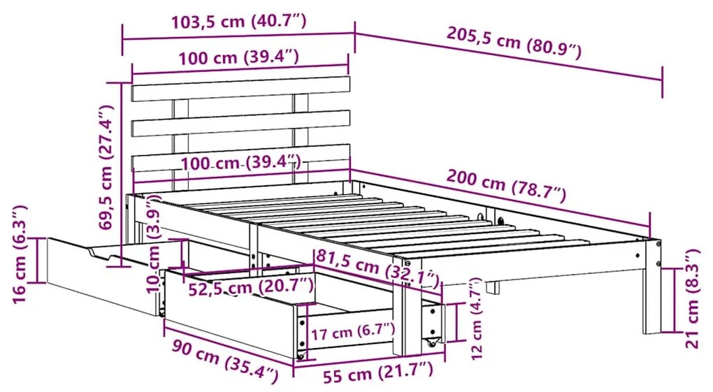 Estrutura cama c/ gavetas 100x200 cm pinho maciço castanho-mel