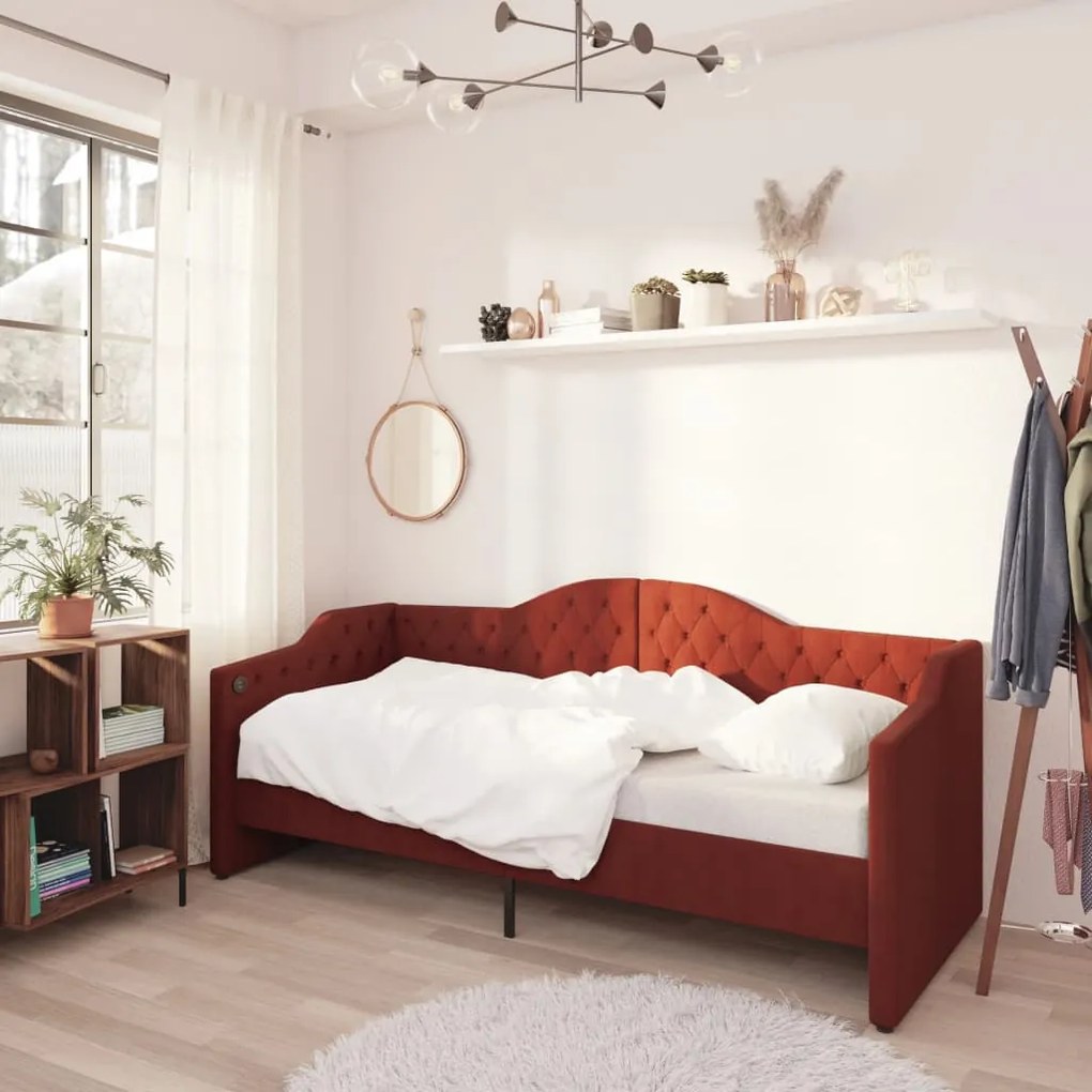 3080305 vidaXL Sofá-cama c/ colchão e saída USB 90x200cm tecido vermelho tinto