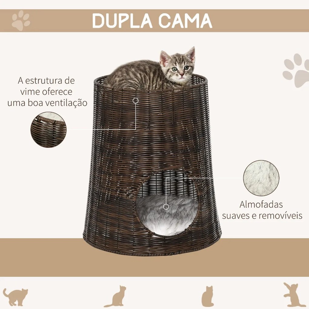 Cesta de Vime para Gatos Cama Caverna de 2 Níveis com Almofadas Laváveis Ø45x50cm Castanho