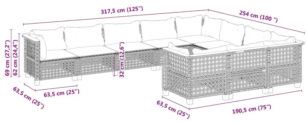 10 pcs conjunto de sofás p/ jardim com almofadões vime PE bege