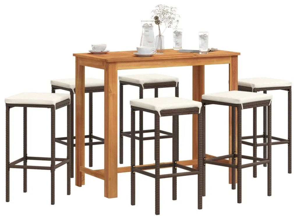vidaXL 7 pcs conjunto de bar p/ jardim acácia maciça/vime PE castanho