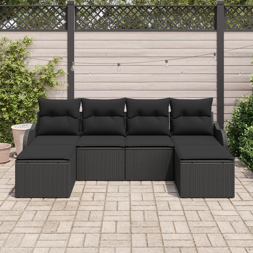 Conjunto de Sofá de Jardim de 6 peças com Almofadas Preto de Rattan Po