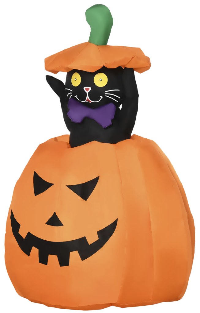 Outsunny Abóbora Insuflável de Halloween com Gato Altura 91-115cm Decoração de Halloween com Luzes LED IP44 2 Infladores para Jardim Festas Exterior 76x64x91-115cm Laranja