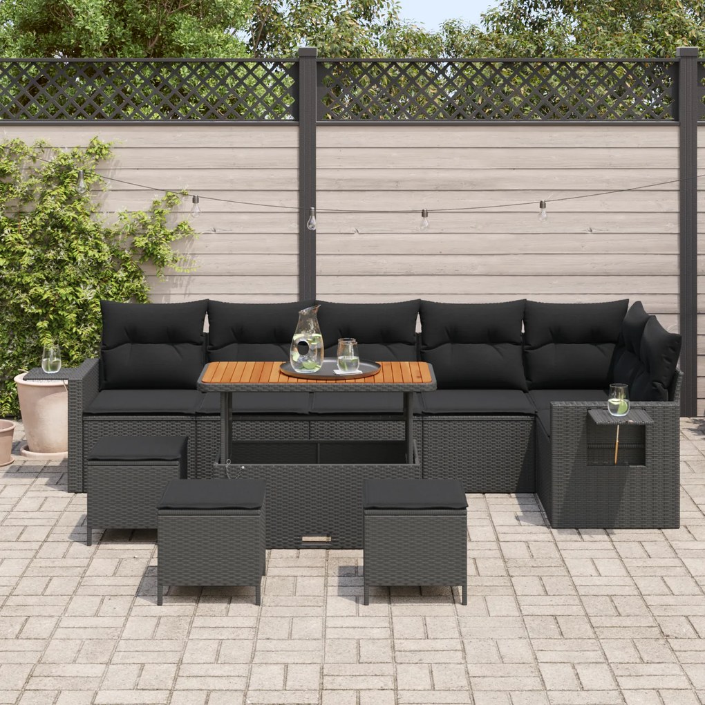 Conjunto de Sofá de Jardim vidaXL de 10 Peças com Almofadas Preto Poli