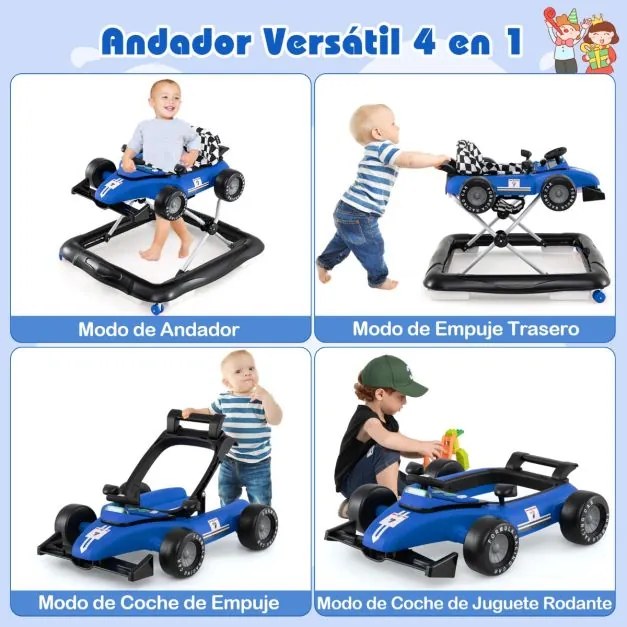 Andarilho para bebés 4 em 1 com altura ajustável em 3 níveis, volante, com assento almofadado e caixa de música azul