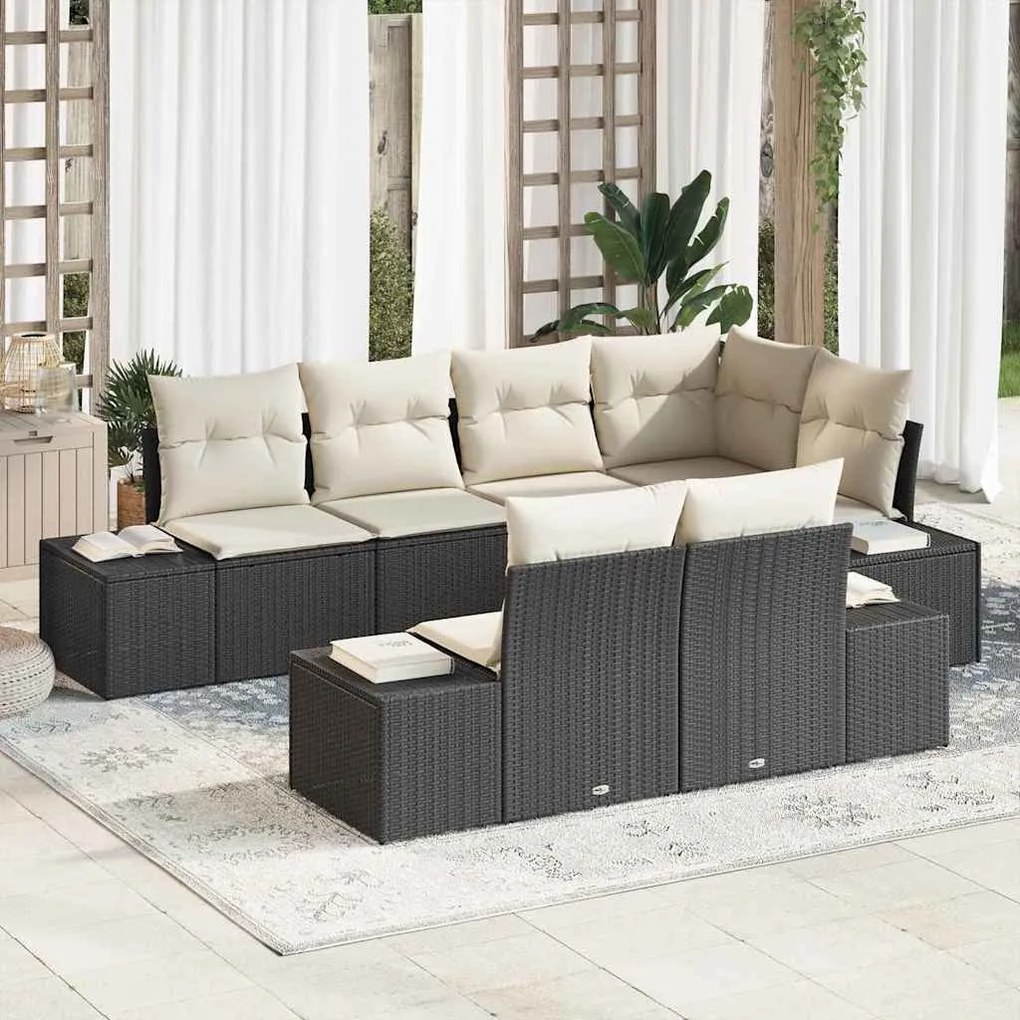 vidaXL Conjunto de Sofá de Jardim com 7 peças e almofadas pretas em rattan sintético.