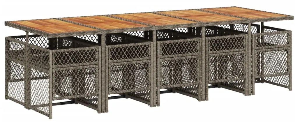 11 pcs conjunto jantar p/ jardim c/ almofadões vime PE cinzento