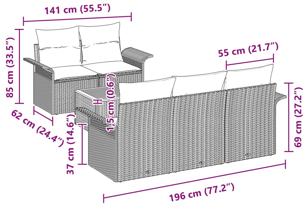 Conjunto de Sofá de Jardim vidaXL 6 Peças com Almofadas Preto Rattan P