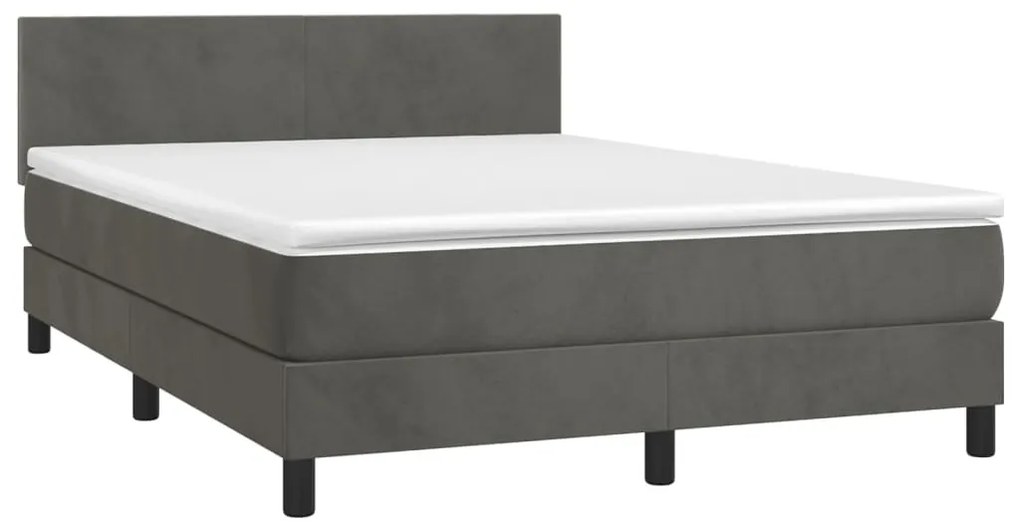 Cama box spring c/ colchão/LED 140x200cm veludo cinzento-escuro