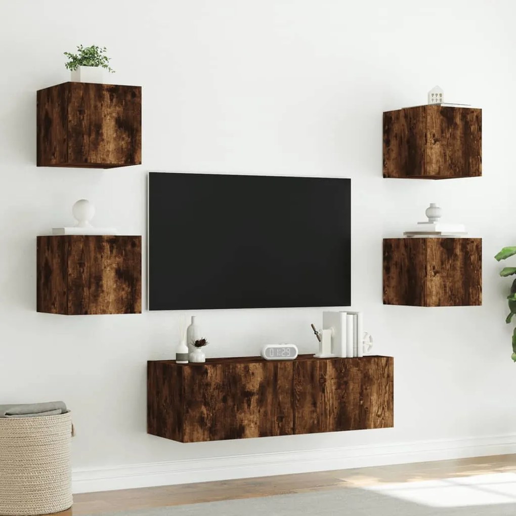 5 pcs móveis de parede para TV com luzes LED carvalho fumado