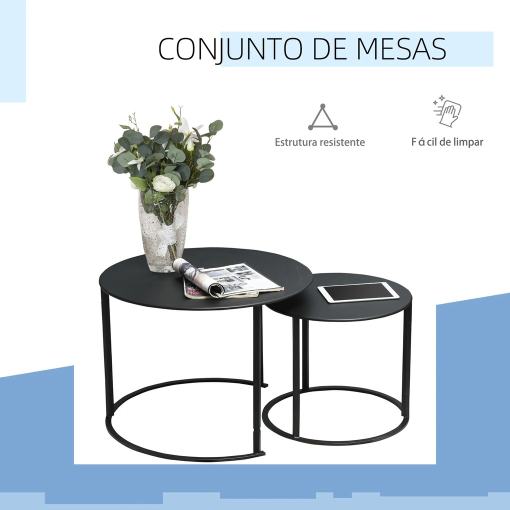 Outsunny Conjunto de 2 Mesas de Café Ø70x50 cm e Ø50x43 cm Mesas Auxiliares Redondas de Metal para Sala de Estar Dormitório Carga Máxima 25kg Preto