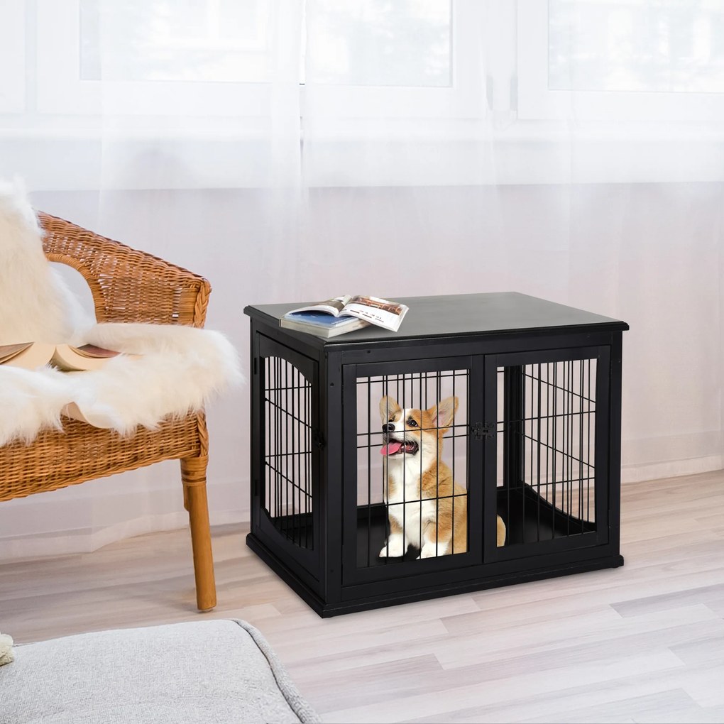 Gaiola para cães, móvel para animais, gaiola interior para cães em MDF de classe E1, 3 portas com fechadura, máx. 30 kg, 81 x 58 x 66 cm, preta