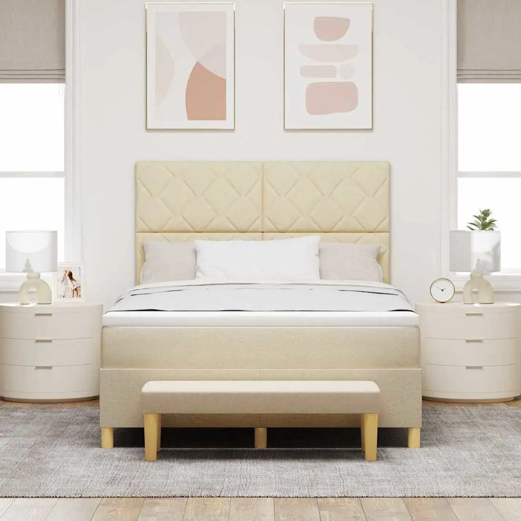 Cama Box Spring com Colchão &amp; Banco Creme 140x200 cm Tecido