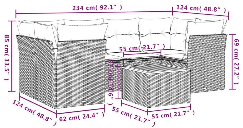 7 pcs conj. sofás jardim c/ almofadões vime PE bege misturado