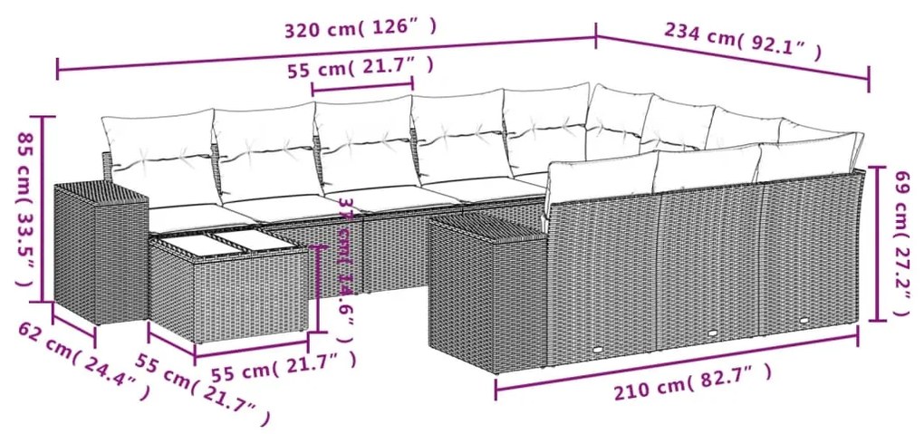 11 pcs conjunto sofás de jardim c/ almofadões vime PE bege