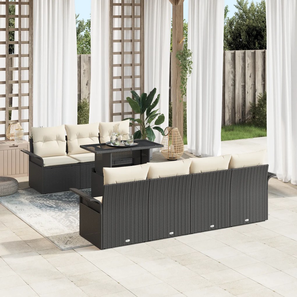 Conjunto de Sofá de Jardim com 8 Peças e Almofadas em Rattan Preto